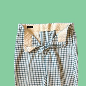 May include: Plaid trousers in a green and white check design. The trousers are unbuttoned and unzipped, showing a beige waistband. The background is a solid light green.