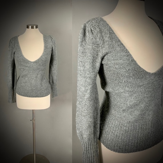 1970's Gray Deep V Pullover Sweater Gathered Puff