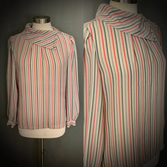Vintage 1970s 1980s Lady Arrow Long Sleeve V-Neck Collared Button Up Blouse Size 14