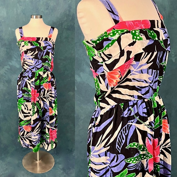 Vintage 80's Silk Tropical Print Sundress With Po… - image 1