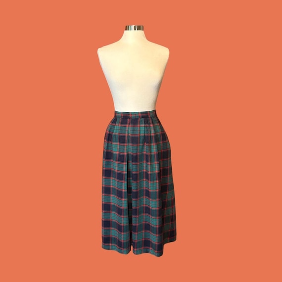 Vintage 80’s Red Green Plaid Wool Midi Skirt