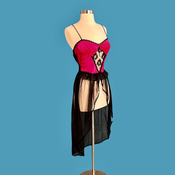 Vintage 80's Hot Pink And Black Negligee With Bus… - image 4