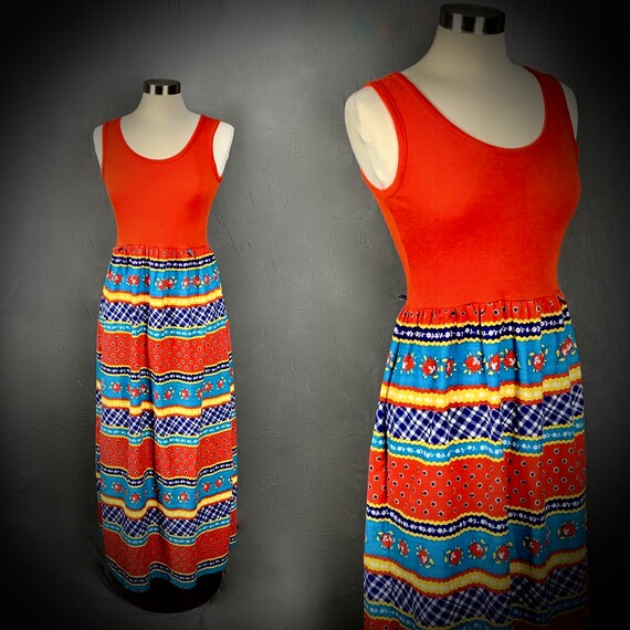 1970's Red Print Maxi Dress Boho Hippie Festival D