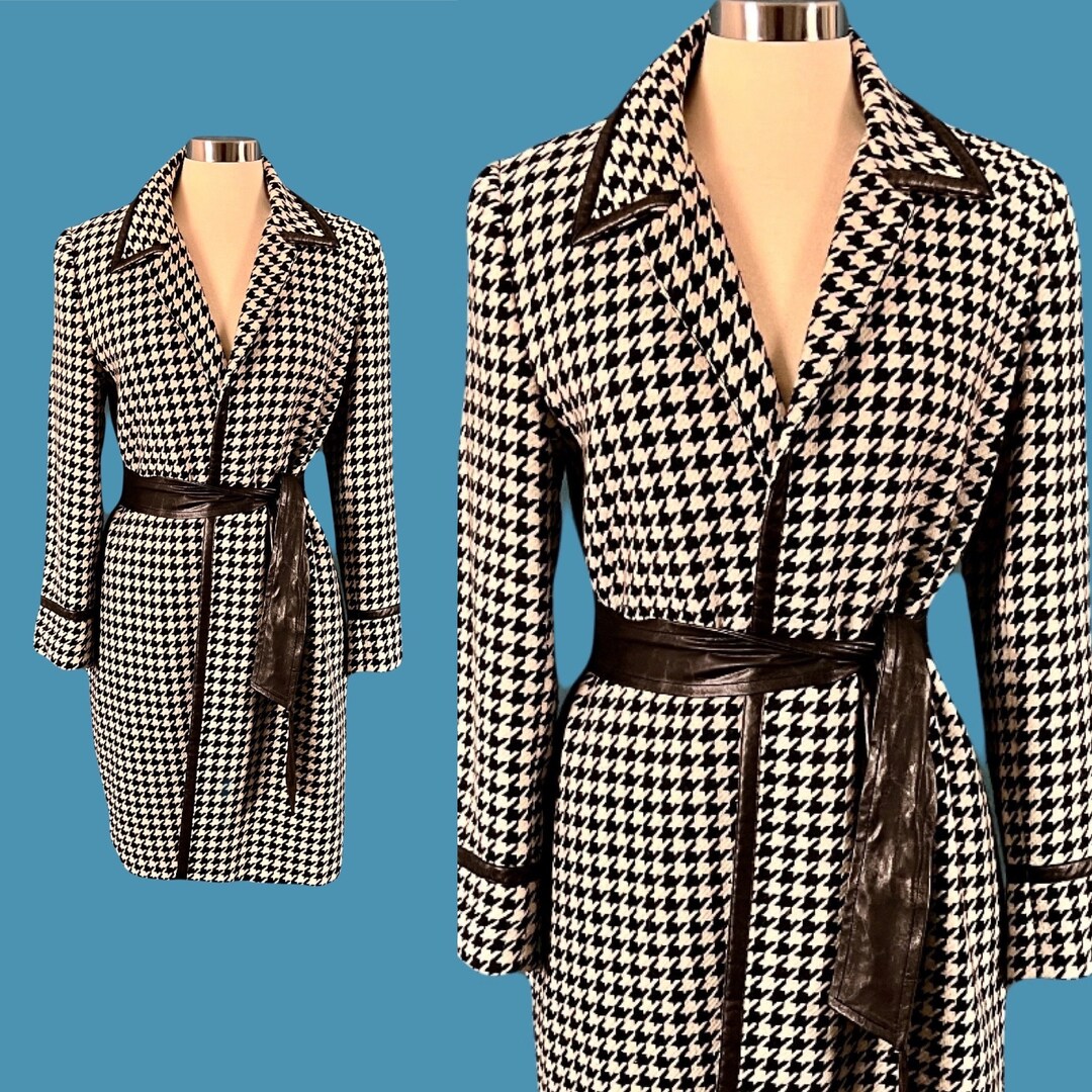 Vintage 80's Houndstooth and Faux Leather Trench Coat - Etsy