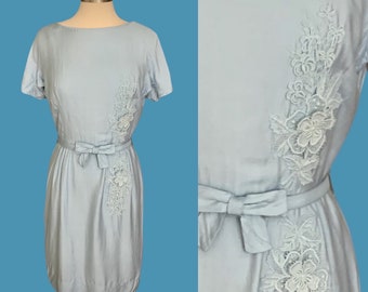 1950's Henry Lee Blue Day Dress With Lace Appliqué Flowers