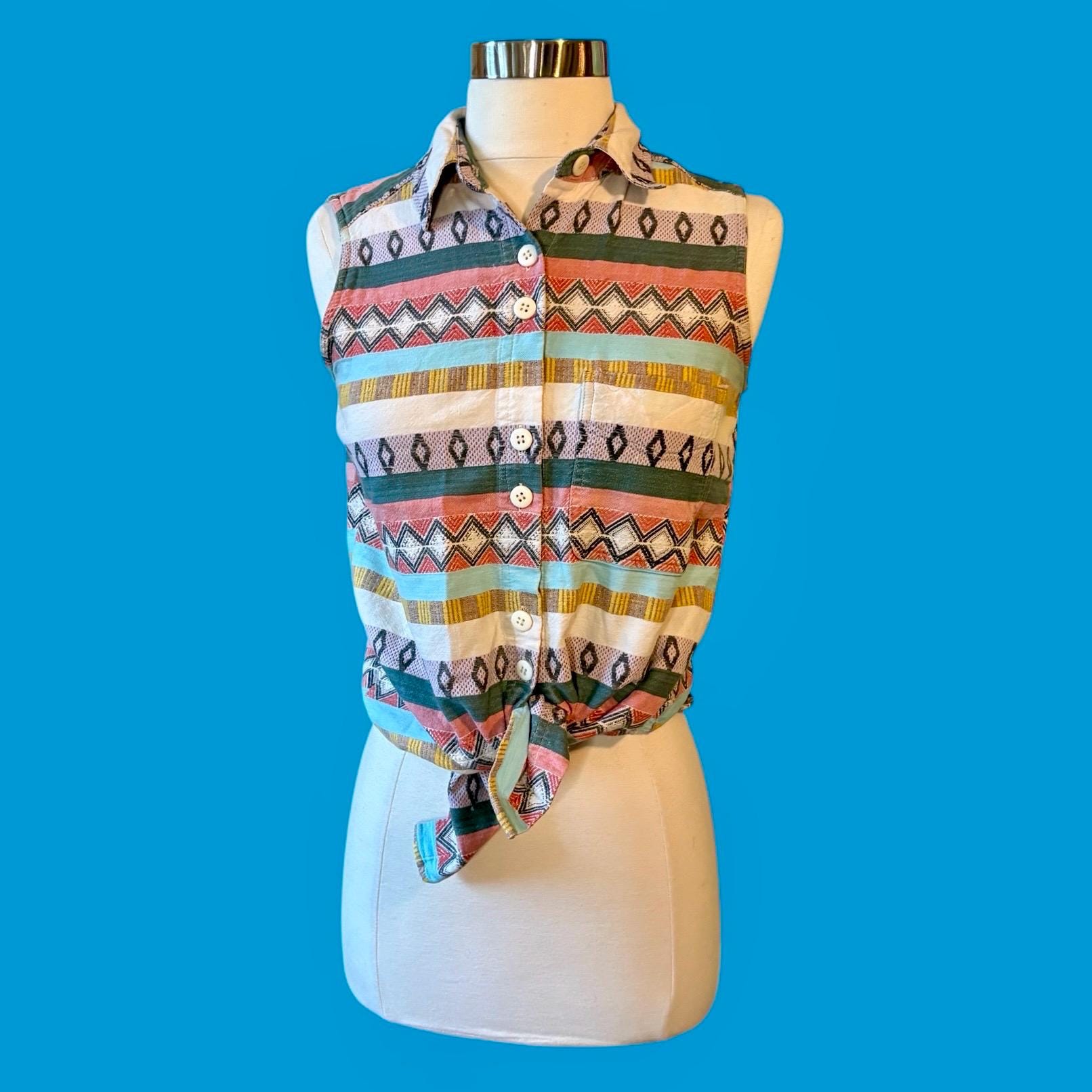 Sleeveless Cotton Button Front Top Southwestern Aztec Stripe