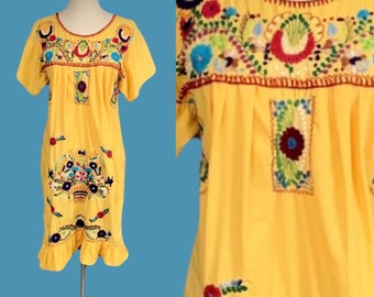 Vintage Hand Embroidered Yellow Cotton Mexican Oaxacan Peasant Folk Dress