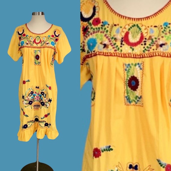 Vintage Hand Embroidered Yellow Cotton Mexican Oax