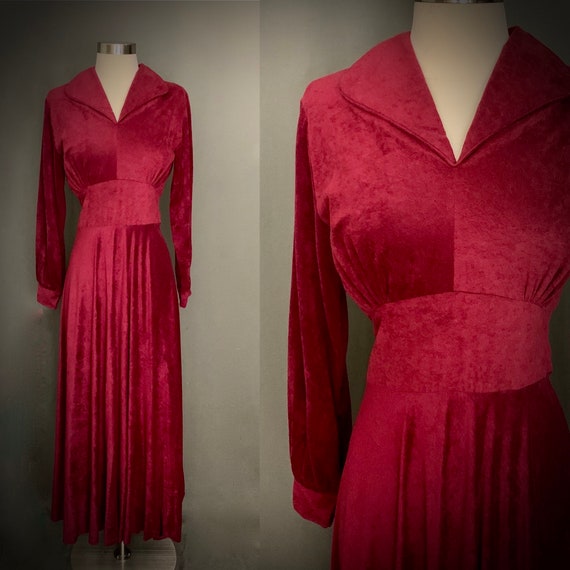 1970's Burgendy Velour Long Sleeve Maxi Dress