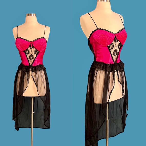 Vintage 80's Hot Pink And Black Negligee With Bus… - image 1