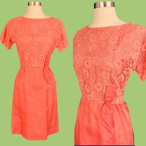 Vintage 50's Cocktail Dress Coral Colored Short Sleeve Wiggle Dress With Bow