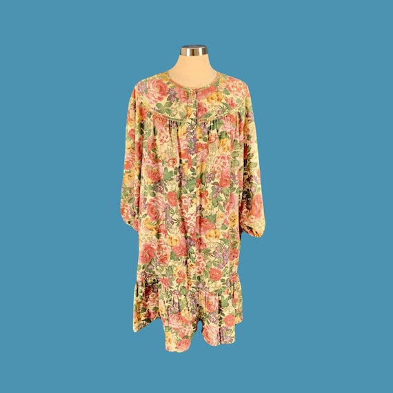 Vintage 80's Pearl Snap Floral Print Housedress L… - image 1