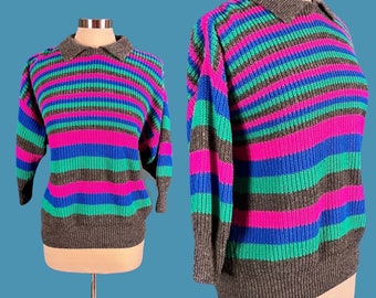 Vintage 80's Women's Collared Striped Pullover Sweater