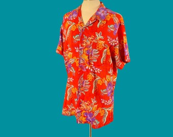 Vintage 70&#39;s Hawaiian Shirt Hibiscus Print Shirt Size XL