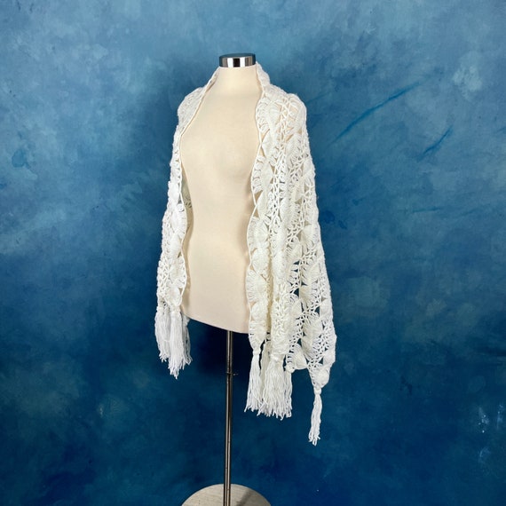 Vintage 70's White Crochet Scarf Wrap Shawl - image 4