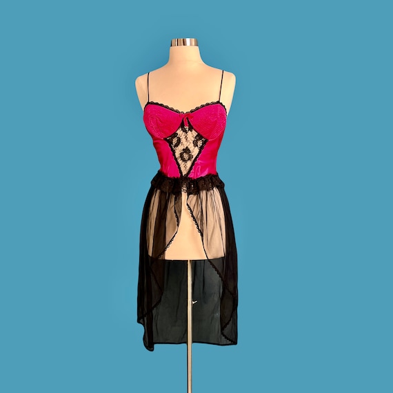 Vintage 80's Hot Pink And Black Negligee With Bus… - image 2