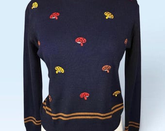 Vintage 1970s Mushroom Sweater Navy Blue Acrylic Knit Colorful Embroidered