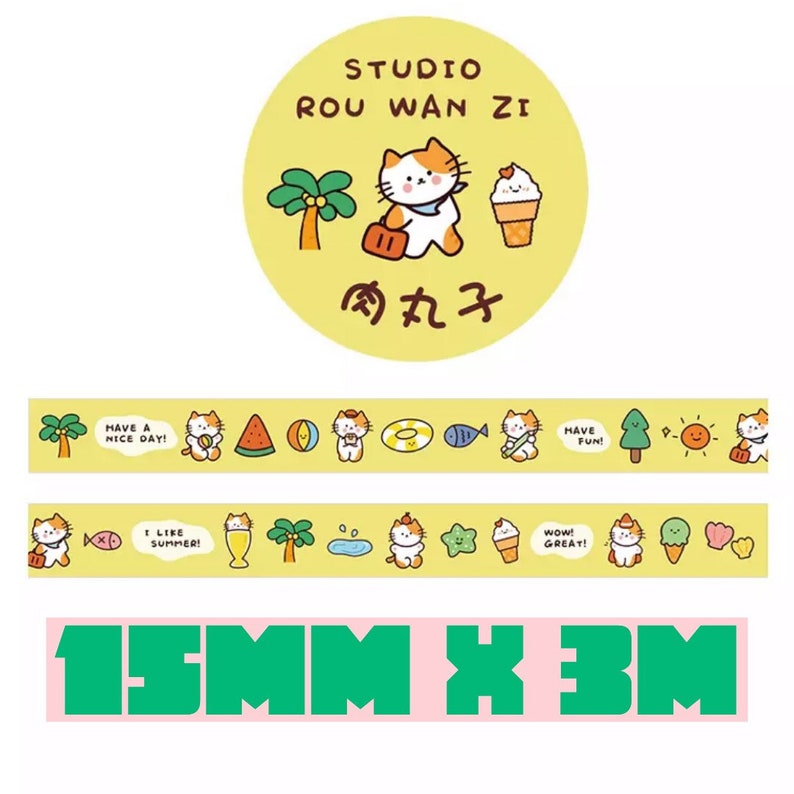 Cute Korean stationery Kawaii Japanese 15mm cute kitty washi tape for Bullet Journal /& planners