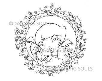 Kinoko Girl, mushroom fairy, Digi stamp, coloring page, hand drawn digital stamp, whimsy girl