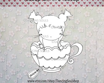 Digital stamp - Teacup Girl in a teacup - Hand drawn digistamp
