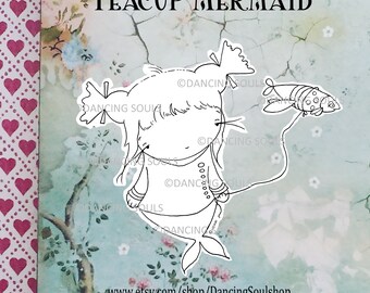 Digital stamp - Teacup Mermaid- Hand drawn digistamp