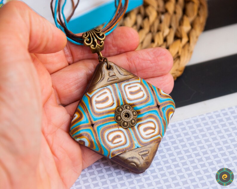 Ethnic blue brown bronze pendant necklace Boho necklace Boho pendant Polymer clay jewelry Unique woman gift