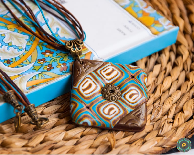 Ethnic blue brown bronze pendant necklace Boho necklace Boho pendant Polymer clay jewelry Unique woman gift