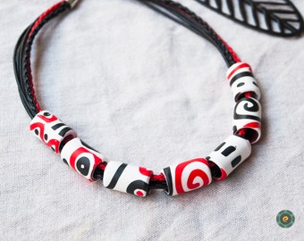 Chunky White Red Black Necklace Ethnic Necklace Terracotta Necklace Tube Bead Necklace Polymer Clay Jewelry Birthday gift ideas for woman