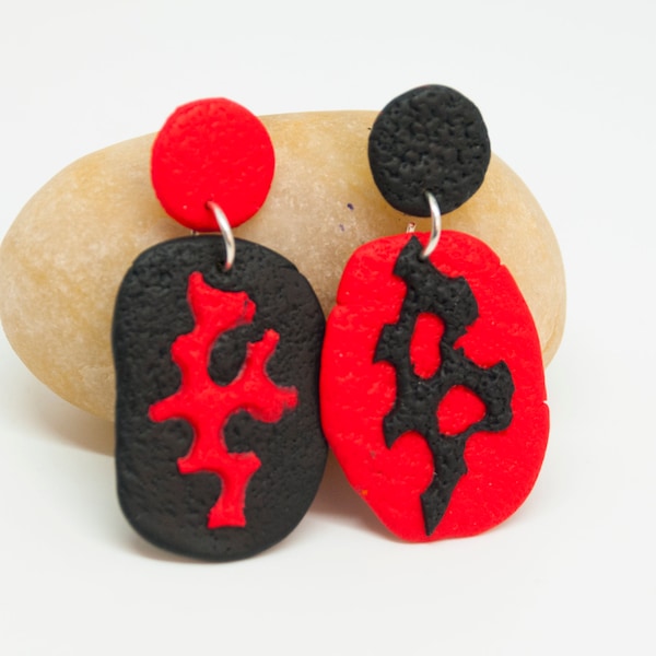 Coral Boho Red Black Stud Earrings Modern Earrings Coral Pattern Earrings Abstract Earrings Polymer Clay Earrings Big Earrings  Gift for her