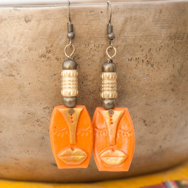 African mask earrings Tribal drop earrings Ethnic earrings Polymer clay Jewelry Unique woman gift African jewelry