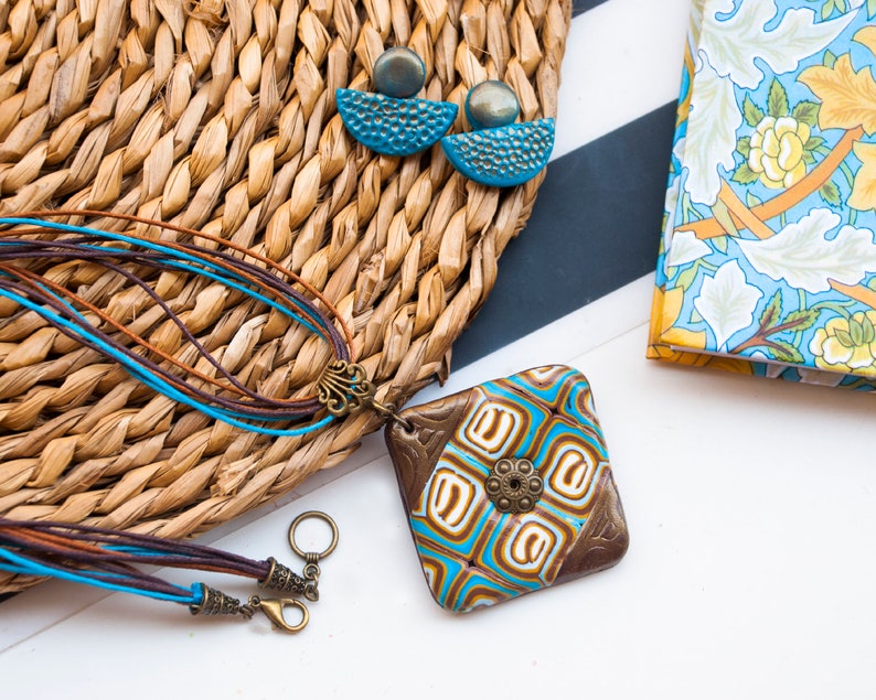 Ethnic blue brown bronze pendant necklace Boho necklace Boho pendant Polymer clay jewelry Unique woman gift