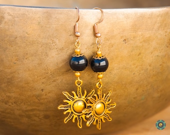 Black agate and Gold sun dangle drop earrings Boho earrings Hippie earrings Sun Earrings Unique woman gift Valentines Gift