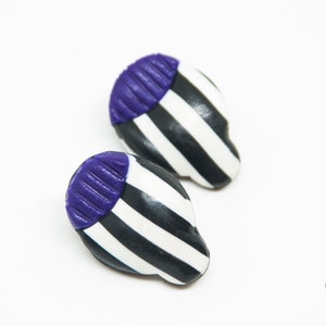 Flower Stud earrings Black White Striped Purple Earrings Polymer clay Earrings Geometric Stud earrings Modern Stud earrings