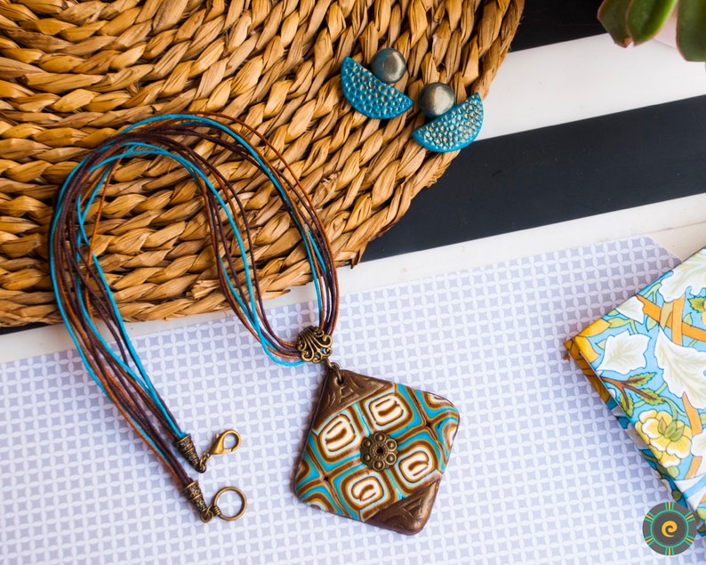 Ethnic blue brown bronze pendant necklace Boho necklace Boho pendant Polymer clay jewelry Unique woman gift