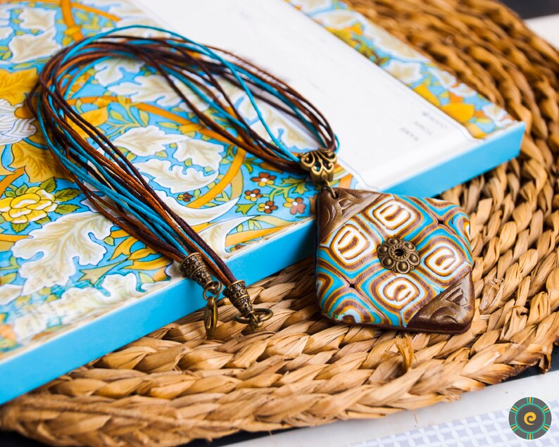 Ethnic blue brown bronze pendant necklace Boho necklace Boho pendant Polymer clay jewelry Unique woman gift