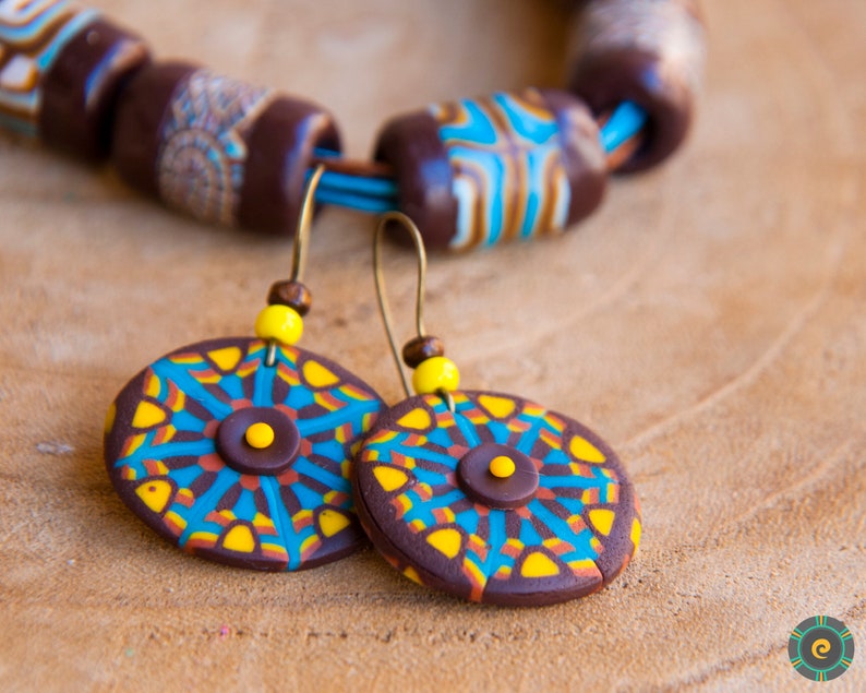 Mandala earrings Eye catching summer earrings Ethnic style boho earrings Polymer clay jewelry Unique woman gift