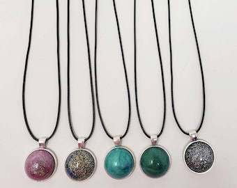 Round Glitter Resin Pendant Necklace, 20-inch Black Cord, Galaxy Resin Charm Jewelry Gift for Mom Birthday Gift Handmade Necklace