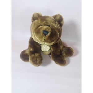 May include: A brown plush teddy bear with a gold charm around its neck. The bear is sitting with its paws in front of it.