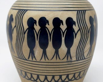 Vintage Ceramic Sauri Warli Tribal Woman Pottery Jar with Lid, Pottery Spice Jar with Lid Decorated Hand Painted Inlaid Marked 90
