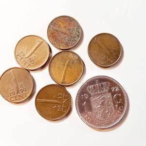 Vintage Netherlands Coins 1 Cent Bronze 1950 1955 1960 1971 1974 1 Gulden Juliana Nederland 1972 Nickel Set of 7 Collectible Coins