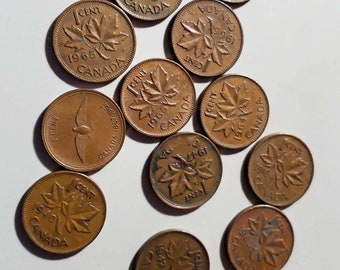 Set of 15 Vintage 1 Cent Canada Coin 1940 1947 1963 1964 1965 1966 1967 Collectible Old Canadian Coin, Copper Coin, Canadian Penny
