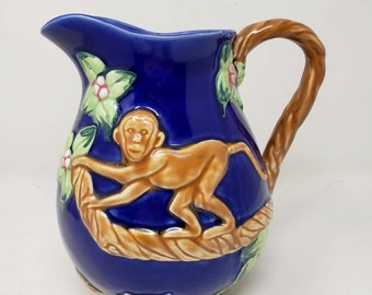 Ganz Ceramic Monkey Pitcher With Handle & Floral Details Vintage 8.25&quot; Tall Blue