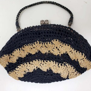 Vintage Crochet Bag 60s 70s Black Clutch Bag Macrame with Handle Boho Style Handbag Purse Bohemian Bag