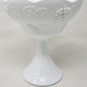 Vintage White Milk Glass Pedestal Bowl 7.5&quot; with Embossed Grapes & Leaves Pattern, No Lid, Collectible Milk Glass, Candy Dish