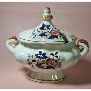 Vintage Victorian Floral Soup Tureen With Lid Fine Porcelain White Pink Blue Gold Trim 10&quot; Wide Collectible Tableware
