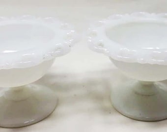 Vintage Anchor Hocking Milk Glass Compote Bowls: Colony Lace Edge, Set of 2
