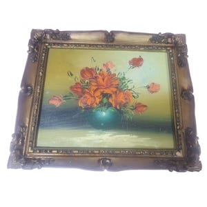 Vintage Framed Oil Painting Of Orange Roses In Green Vase On Canvas With Ornate Wooden Frame