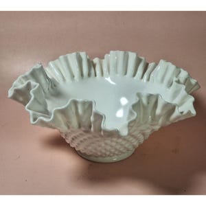 Vintage Fenton Hobnail Milkglass Ruffled Edge Bowl