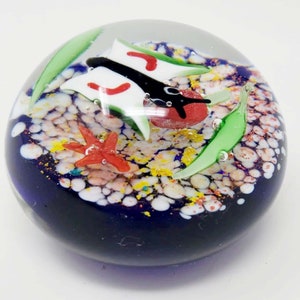 Vintage Handcrafted Glass Paperweight With Colorful Fish & Aquatic Design