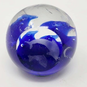 Vintage Hand-Blown Blue & Clear Glass Paperweight With Bubbles